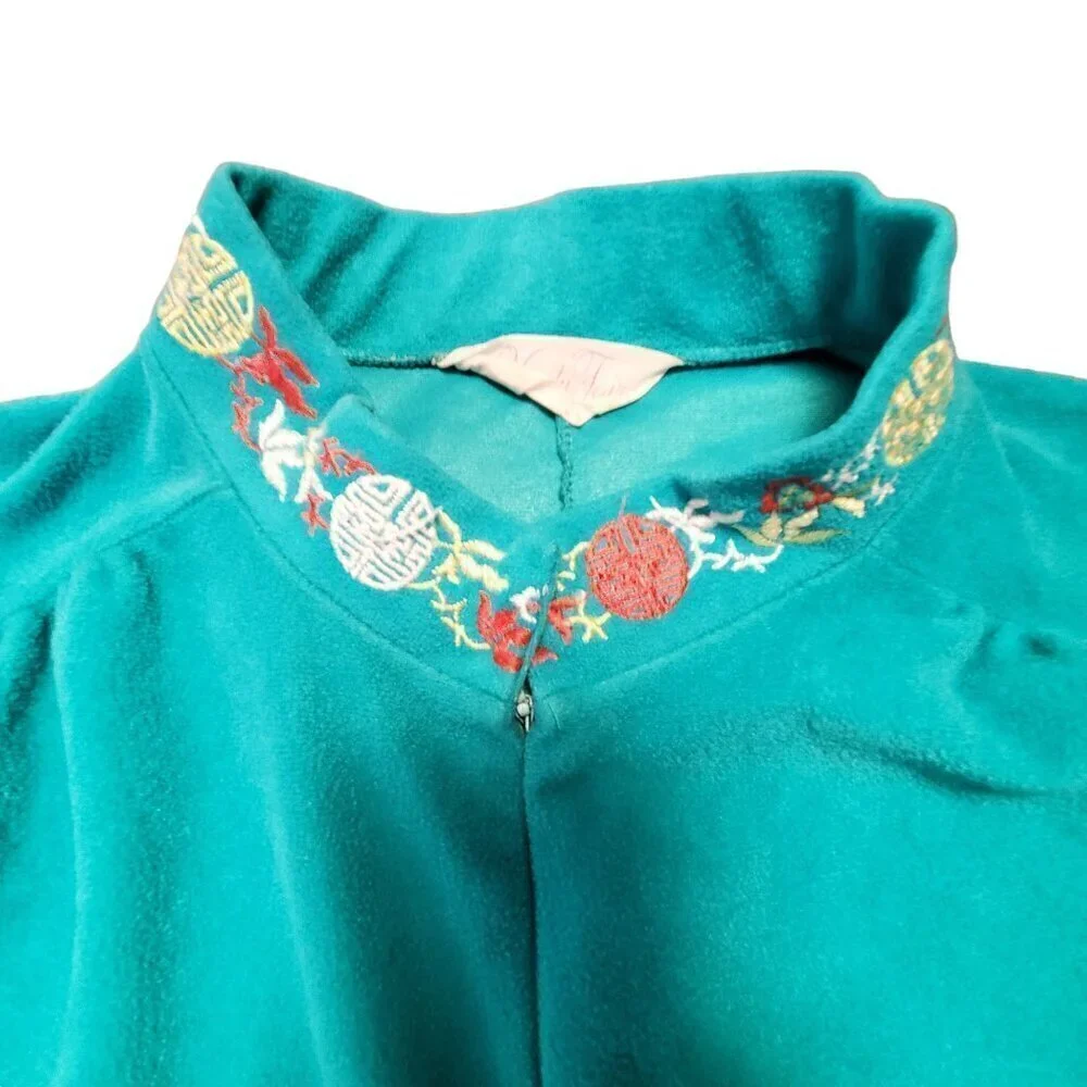 Vintage Vanity Fair Embroidered Mock Neck Night Gown House Coat Maxi Teal Size L